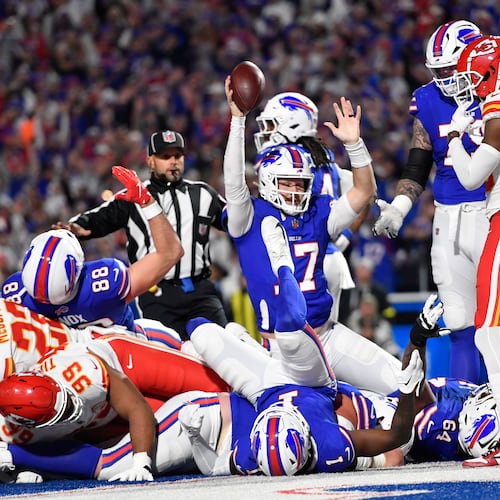 Buffalo Bills quarterback Josh Allen (17) celebrates after scoring during the second half of an NFL football game against the Kansas City Chiefs Sunday, Nov. 2, 2025, in Orchard Park. N.Y. (AP Photo/Adrian Kraus)