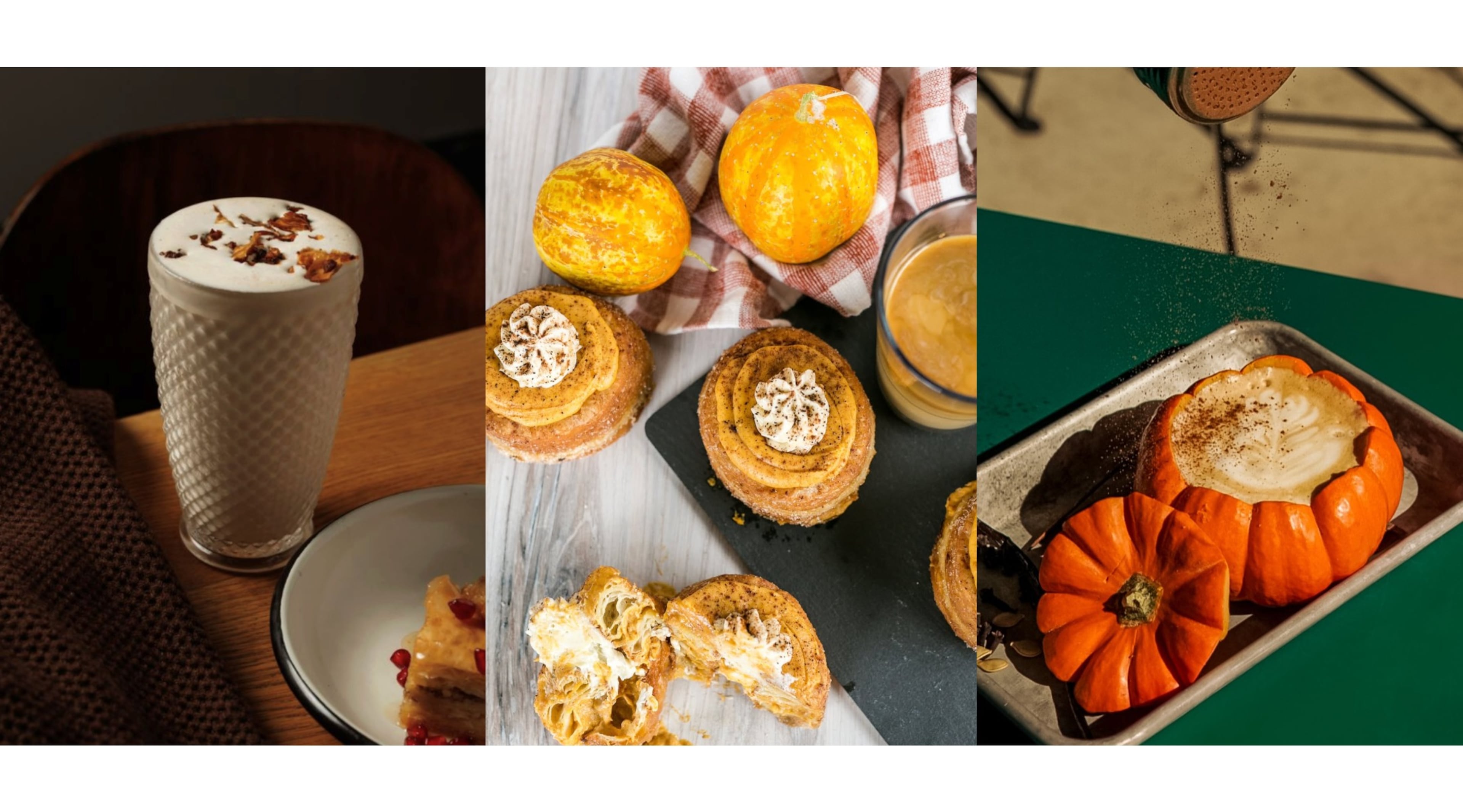 Left to right: Pumpkin milkshake at Rina (Courtesy of Oliva Restaurant Group); Pumpkin spice latte doughnuts at Five Daughters Bakery (Courtesy of Five Daughters Bakery); Spicy pumpkin caramel latte at Spiller Park (Courtesy of Spiller Park)