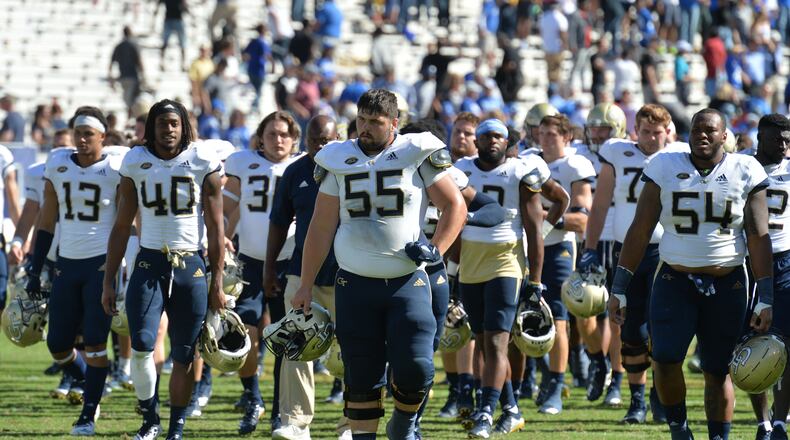 Georgia Tech players react to their loss over the Duke at Bobby Dodd Stadium on October 13, 2018. Duke won 28-14 over the Georgia Tech. HYOSUB SHIN / HSHIN@AJC.COM