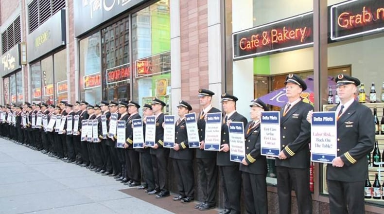 Delta pilots during picketing earlier this year amid negotiations. Source: Air Line Pilots Association