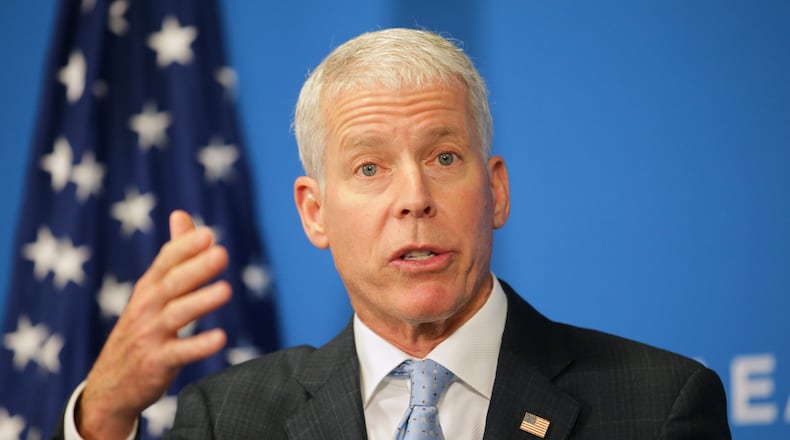 United States Secretary of Energy Chris Wright, talks to the media during a press conference on the sidelines of the annual General Conference of the International Atomic Energy Agency (IAEA) in Vienna, Austria, Monday, Sept. 14, 2026. (AP Photo/Heinz-Peter Bader)