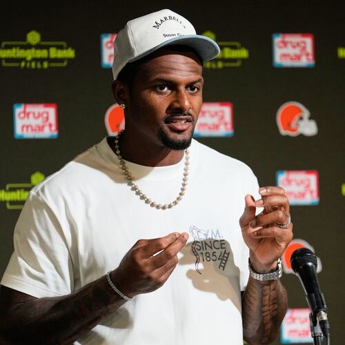 Cleveland Browns quarterback Deshaun Watson speaks at a press conference after an NFL preseason football game against the Buffalo Bills, Saturday, Aug. 22, 2026, in Cleveland. (AP Photo/Carolyn Kaster)