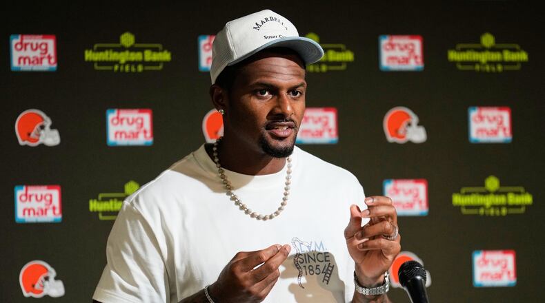 Cleveland Browns quarterback Deshaun Watson speaks at a press conference after an NFL preseason football game against the Buffalo Bills, Saturday, Aug. 22, 2026, in Cleveland. (AP Photo/Carolyn Kaster)