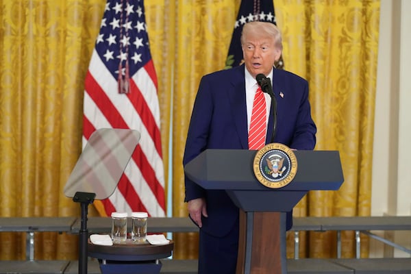 President Donald Trump speaks at an event for Military Mothers, Thursday, May 8, 2025, in the East Room of the White House in Washington. (AP Photo/Jacquelyn Martin)