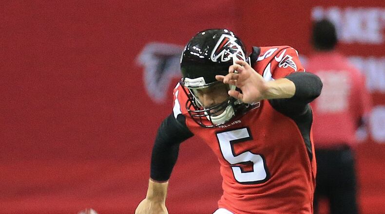Falcons punter Matt Bosher boots a kickoff into the end zone against the Houston Texans in a game on Sunday, Oct. 4, 2015, in Atlanta. Curtis Compton / ccompton@ajc.com
