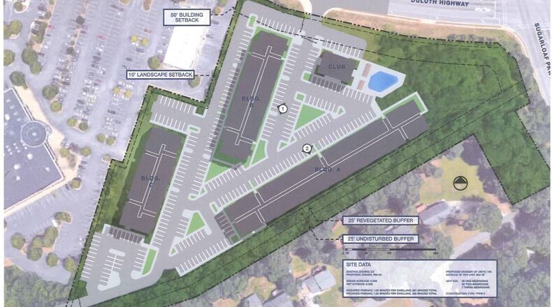 A 194-unit apartment complex near Sugarloaf Mills is planned for Lawrenceville.
