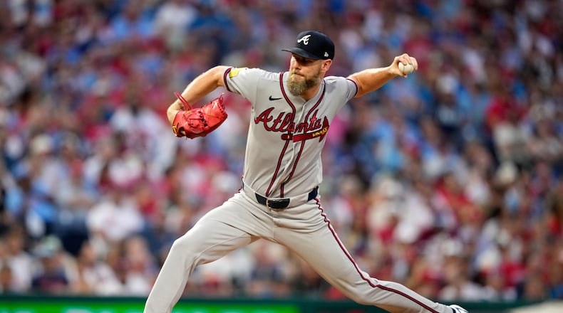 Atlanta Braves' Chris Sale pitches during the second inning of a baseball game against the Philadelphia Phillies Friday, Sept. 4, 2026, in Philadelphia. (AP Photo/Matt Slocum)