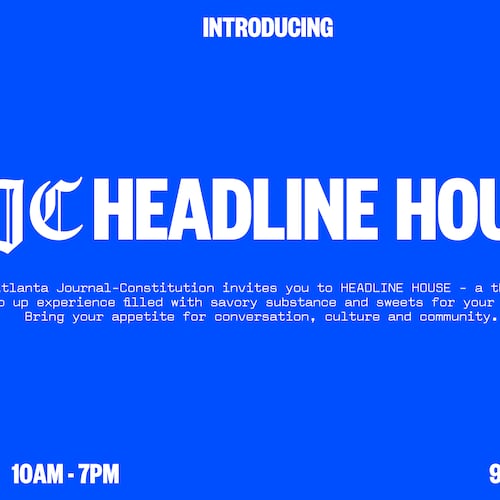 Blue graphic with white text with details about the AJC Headline House.