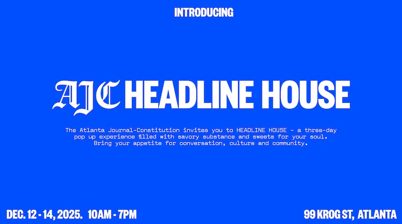 Blue graphic with white text with details about the AJC Headline House.
