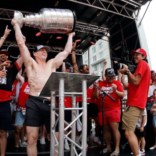 Carolina Hurricanes head coach Rod Brind'Amour holds the Stanley Cup during the NHL hockey club's championship celebration in Raleigh, N.C., Saturday, June 20, 2026. (AP Photo/Karl DeBlaker)