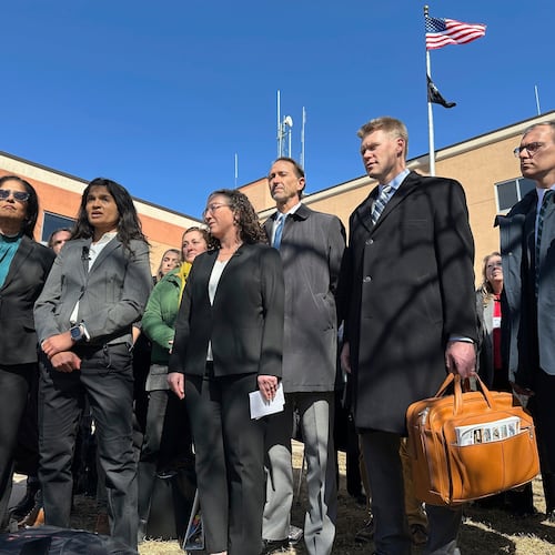 FILE - Greenpeace representatives talk with reporters outside the Morton County Courthouse March 19, 2025, in Mandan, N.D. From left are Greenpeace USA Interim Executive Director Sushma Raman, Greenpeace USA Senior Legal Adviser Deepa Padmanabha, Greenpeace International General Counsel Kristin Casper, Greenpeace USA attorney Everett Jack Jr., Greenpeace Fund Inc. attorney Matt Kelly and Greenpeace USA Associate General Counsel Jay Meisel. (AP Photo/Jack Dura, File)