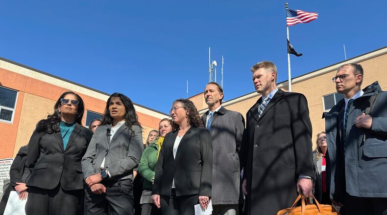 FILE - Greenpeace representatives talk with reporters outside the Morton County Courthouse March 19, 2025, in Mandan, N.D. From left are Greenpeace USA Interim Executive Director Sushma Raman, Greenpeace USA Senior Legal Adviser Deepa Padmanabha, Greenpeace International General Counsel Kristin Casper, Greenpeace USA attorney Everett Jack Jr., Greenpeace Fund Inc. attorney Matt Kelly and Greenpeace USA Associate General Counsel Jay Meisel. (AP Photo/Jack Dura, File)
