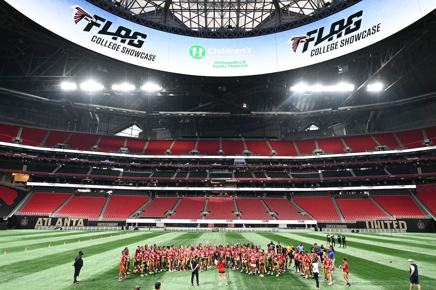 Georgia area athletes attend the 5th annual Girls Flag Football Showcase hosted  by the Atlanta Falcons Monday, Aug. 25, 2025 at the Mercedes-Benz Stadium. (Daniel Varnado for the AJC)