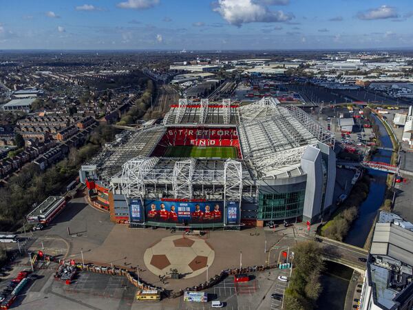 FILE - Aerial photo of the Old Trafford stadium, home of Manchester United, in Manchester, England, March 27, 2023. (Peter Byrne/PA via AP, File)