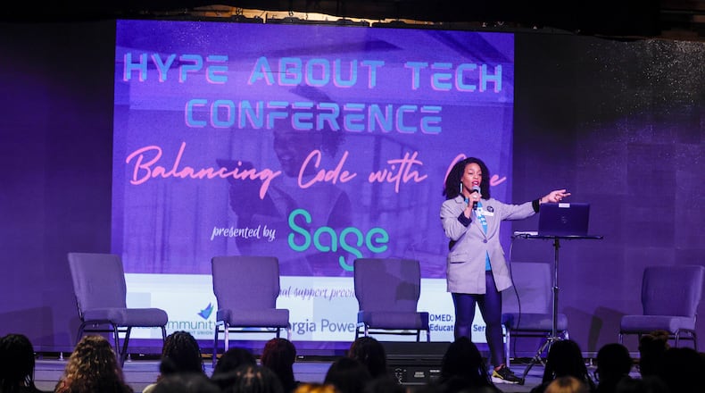 Kristina Newton, the founder of HYPE, delivered her remarks during the HYPE Tech Conference held at Impact Church in Atlanta on Tuesday, March 4, 2025. This conference aims to empower women within the technology sector.
(Miguel Martinez/ AJC)