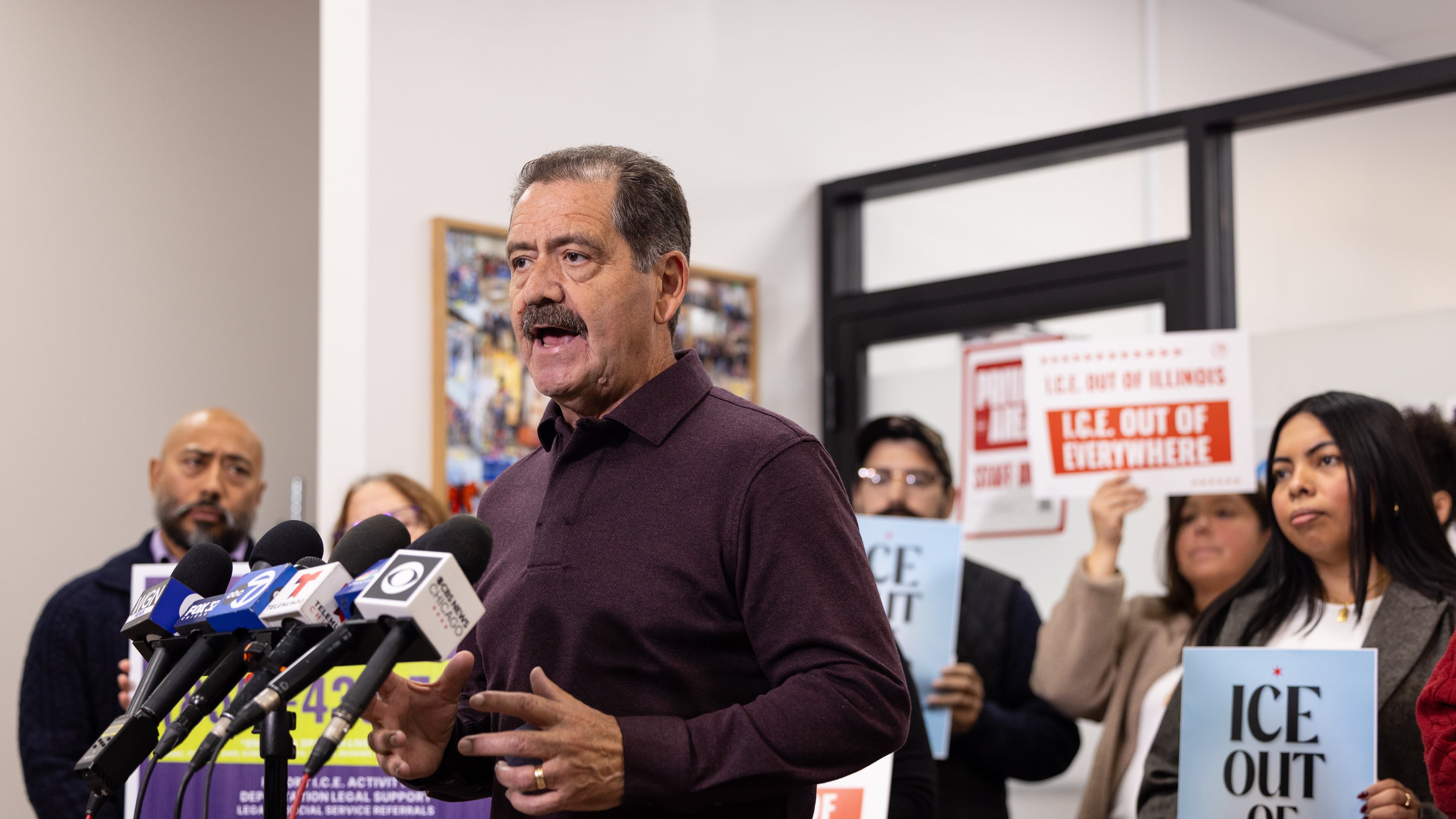 Congressman Jesus "Chuy" Garcia speaks during a press conference decrying federal agents use of force in Little Village on the Southwest Side of Chicago, Sunday, Nov. 9, 2025. (Candace Dane Chambers/Chicago Sun-Times via AP)