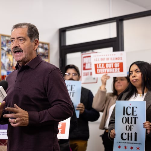 Congressman Jesus "Chuy" Garcia speaks during a press conference decrying federal agents use of force in Little Village on the Southwest Side of Chicago, Sunday, Nov. 9, 2025. (Candace Dane Chambers/Chicago Sun-Times via AP)