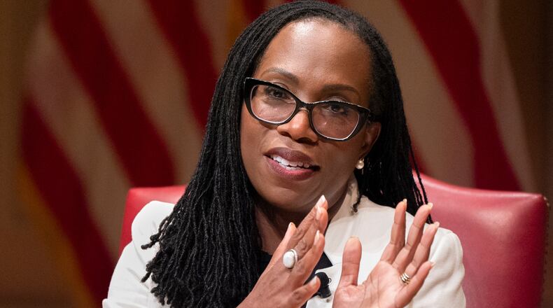 File - Supreme Court Justice Ketanji Brown Jackson speaks to the 2025 Supreme Court Fellows Program, Feb. 13, 2025, at the Library of Congress in Washington. (AP Photo/Jacquelyn Martin, Pool, File)