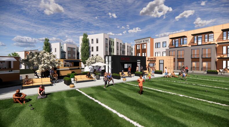The 16-acre mixed-use development between Peachtree Industrial Boulevard and Hillcrest Drive, tentatively dubbed The Sugar Bowl, will include 300 apartments and townhouses and a lawn court. (Courtesy City of Sugar Hill)