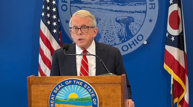 Ohio Gov. Mike DeWine speaks at a news conference on Tuesday, June 16, 2026, in Columbus, Ohio. (AP Photo/Patrick Aftoora-Orsagos)