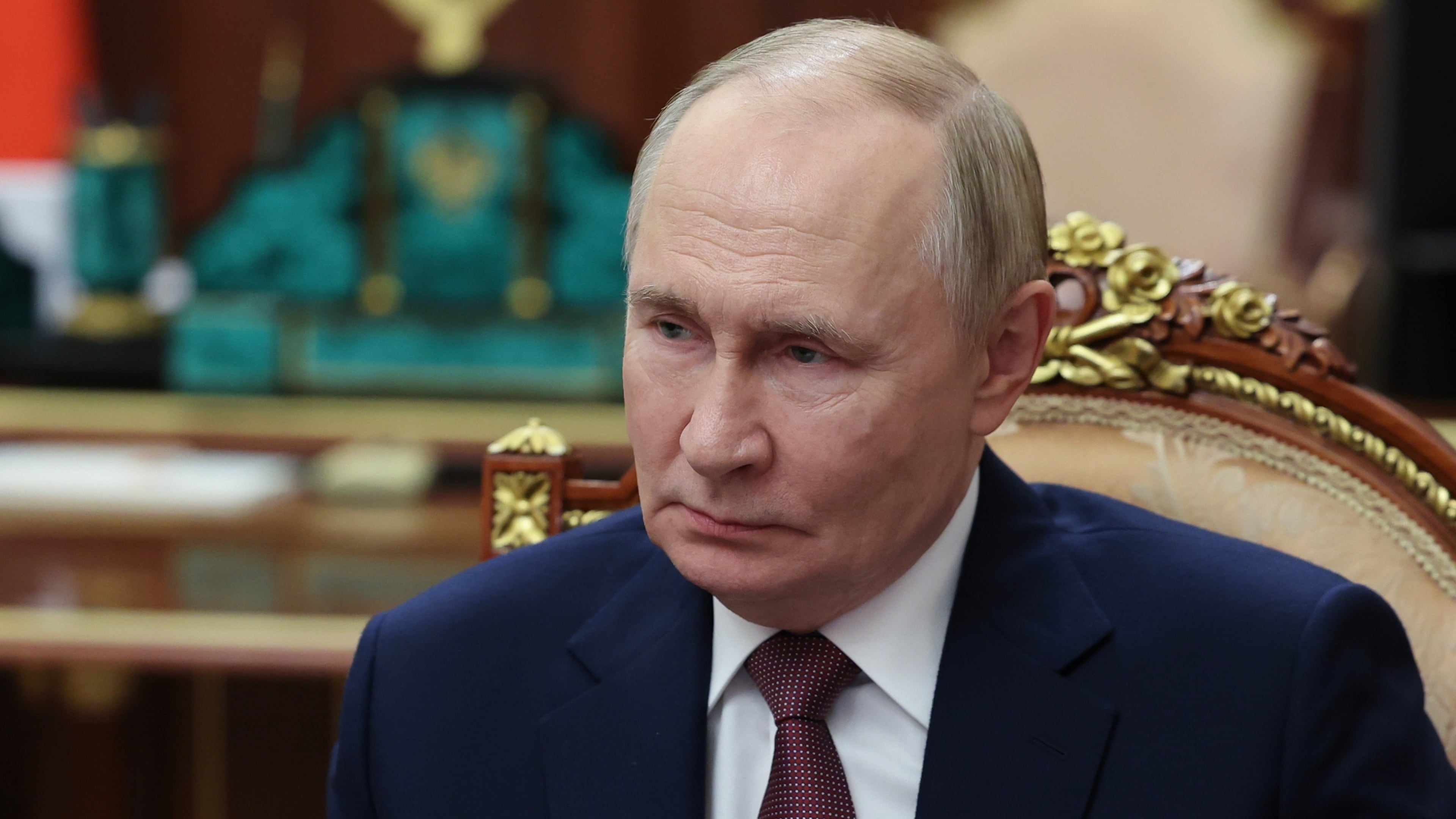 Russian President Vladimir Putin listens to Vitaly Mutko, the chief executive officer of Dom.RF, not pictured, during their meeting at the Kremlin in Moscow, Russia, on Monday, Oct. 20, 2025. (Alexander Kazakov, Sputnik, Kremlin Pool Photo via AP)