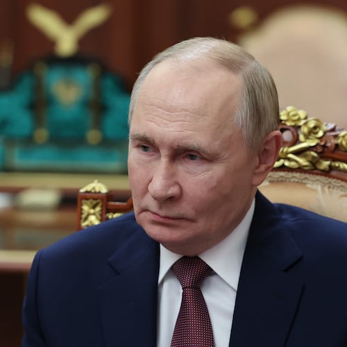Russian President Vladimir Putin listens to Vitaly Mutko, the chief executive officer of Dom.RF, not pictured, during their meeting at the Kremlin in Moscow, Russia, on Monday, Oct. 20, 2025. (Alexander Kazakov, Sputnik, Kremlin Pool Photo via AP)