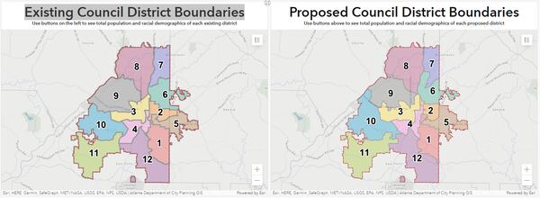 A side-by-side look at the previous Atlanta City Council district boundaries and the new district boundaries. (City of Atlanta)