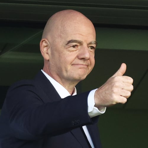 FIFA President Gianni Infantino arrives to attend the opening game of the Women's U20 World Cup opening match between Poland and Argentina in Katowice, Poland, Saturday, Sept. 5, 2026. (AP Photo/Beata Zawrzel)