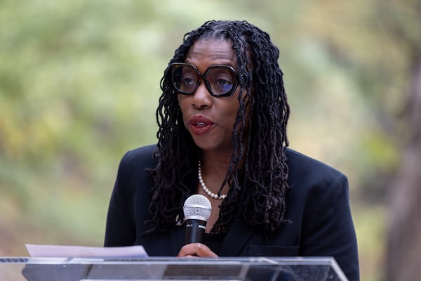 College Park City Manager Lindell Miller speaks at a groundbreaking ceremony for the Roderick Gay Botanical Garden on Thursday, Oct. 30, 2025. (Arvin Temkar/AJC)