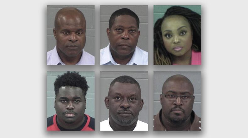 Clockwise from top left, mugshots of Kenneth Howard, Charles E. Jones, Alecia Johnson, Ryan Jenkins, Arthur James Nance and Devonte Little. (Peach County Sheriff)