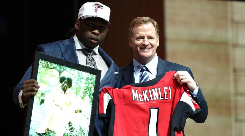 Takkarist McKinley of UCLA poses with NFL commissioner Roger Goodell after being picked #26 overall by the Falcons during the first round of the 2017 NFL Draft at the Philadelphia Museum of Art on April 27.