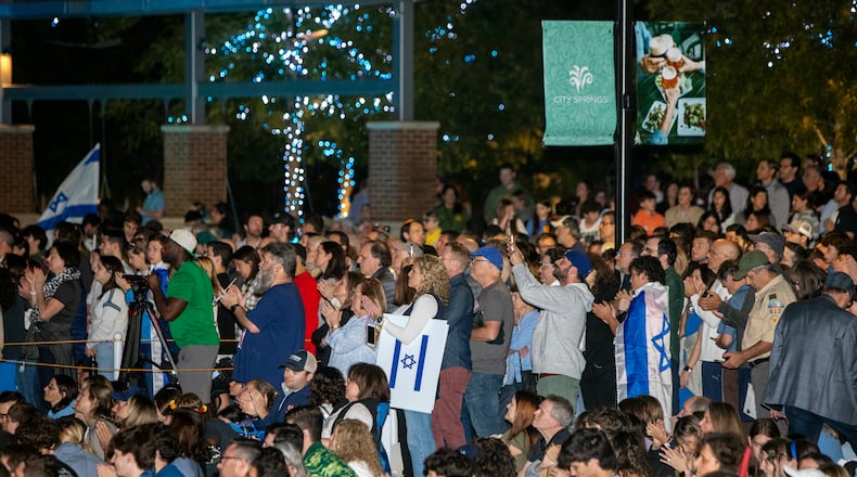Thousands of Israel supporters gather inside and outside of City Springs in Sandy Spring on Tuesday, Oct 10, 2023 for a rally for Israel. (Jenni Girtman for The Atlanta Journal-Constitution)