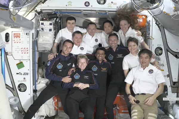 This image provided by NASA shows visiting crew in dark blue, Hungary's Tibor Kapu, left, Axiom Space's Peggy Whitson, center left, India's Shubhanshu Shukla, center right, and Poland's Slawosz Uznanski-Wisniewski aboard the International Space Station, Thursday June 26, 2025. (NASA via AP)