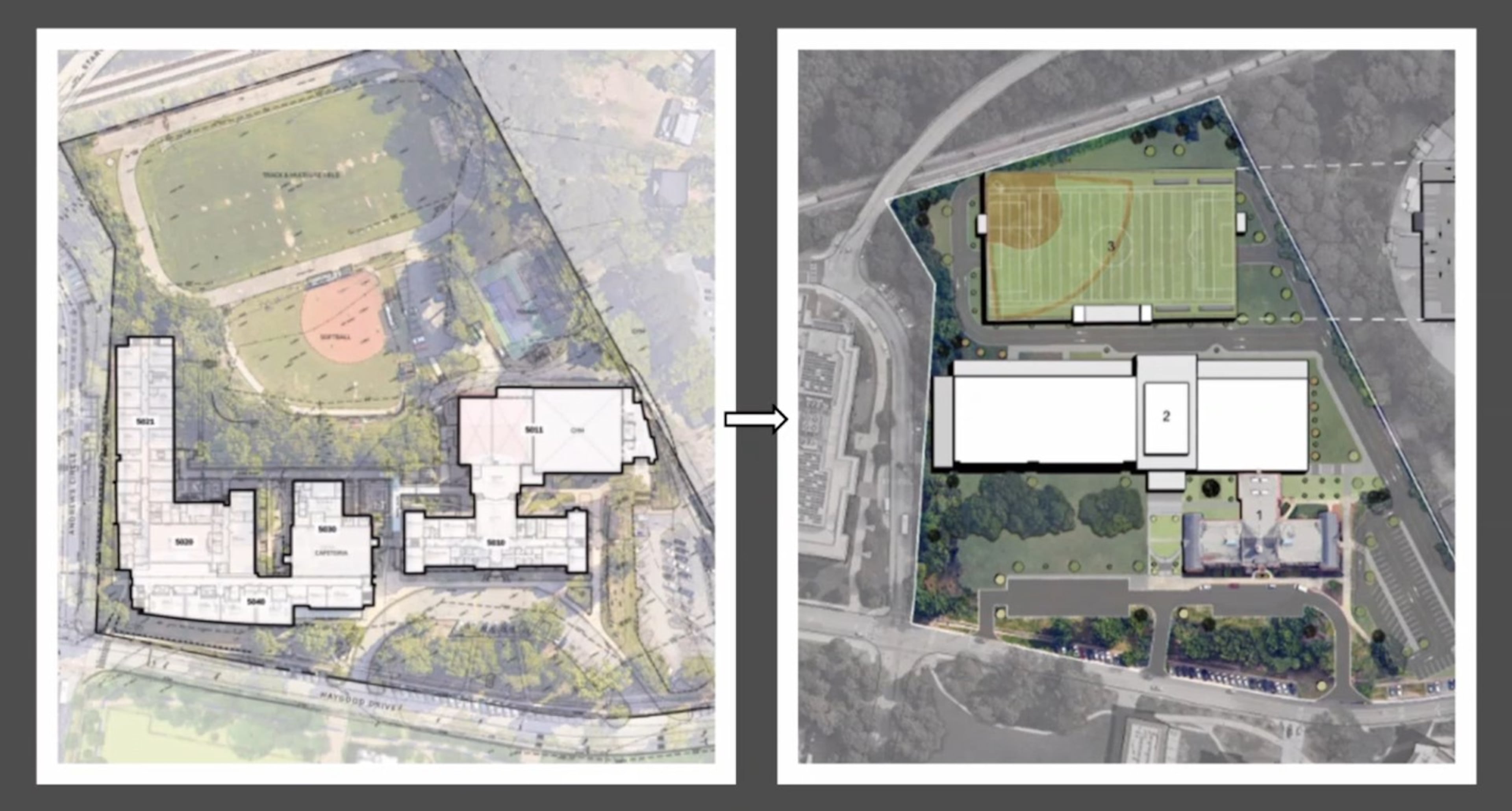 The tentative plan for Druid Hills High would be to demolish all of the existing buildings except for the main historic building, and replace them with a new four-story academic building. (Image courtesy DeKalb County School District)