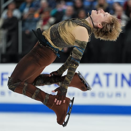 Ilia Malinin competes during the men's short program at the U.S. Figure Skating Championships, Thursday, Jan. 8, 2026, in St. Louis. (AP Photo/Stephanie Scarbrough)