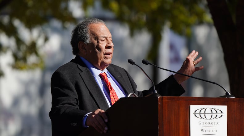 Andrew Young, former Atlanta Mayor and U.N. Ambassador, speaks during a dedication ceremony honoring Richard Jewell and first responders at Centennial Olympic Park, on Wednesday, November 10, 2021, in Atlanta. (Elijah Nouvelage for The Atlanta Journal-Constitution)