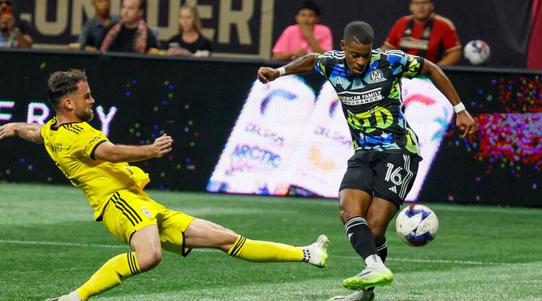 Atlanta United forward Xande Silva (16) scores his team’s second goal under pressure during the first half against Columbus Crew in Game 2 of a first-round MLS playoff game at Mercedes-Benz Stadium on Tuesday, Nov. 7, 2023.
Miguel Martinez / miguel.martinezjimenez@ajc.com