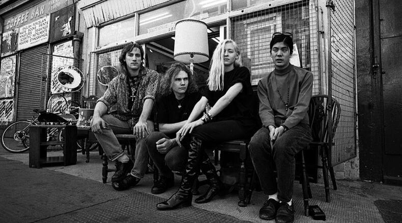 Smashing Pumpkins, group portrait, including Billy Corgan, Jimmy Chamberlin, James Iha and Darcy Wretzsky, Notting Hill, London, United Kingdom, 1992. (Photo by Martyn Goodacre/Getty Images)