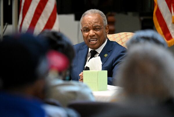 U.S. Rep. David Scott speaks as he sits along with other guest speakers from Social Security, Medicare, Medicaid, Veteran Affairs, Internal Revenue Service, and other government agencies, at Christian City, Thursday, August 10, 2023, in Union City. Christian City, a local nonprofit with a 500-acre campus designed to uplift vulnerable citizens, is hosting a meet and greet with Congressman David Scott, U.S. representative for Georgia’s 13th District.