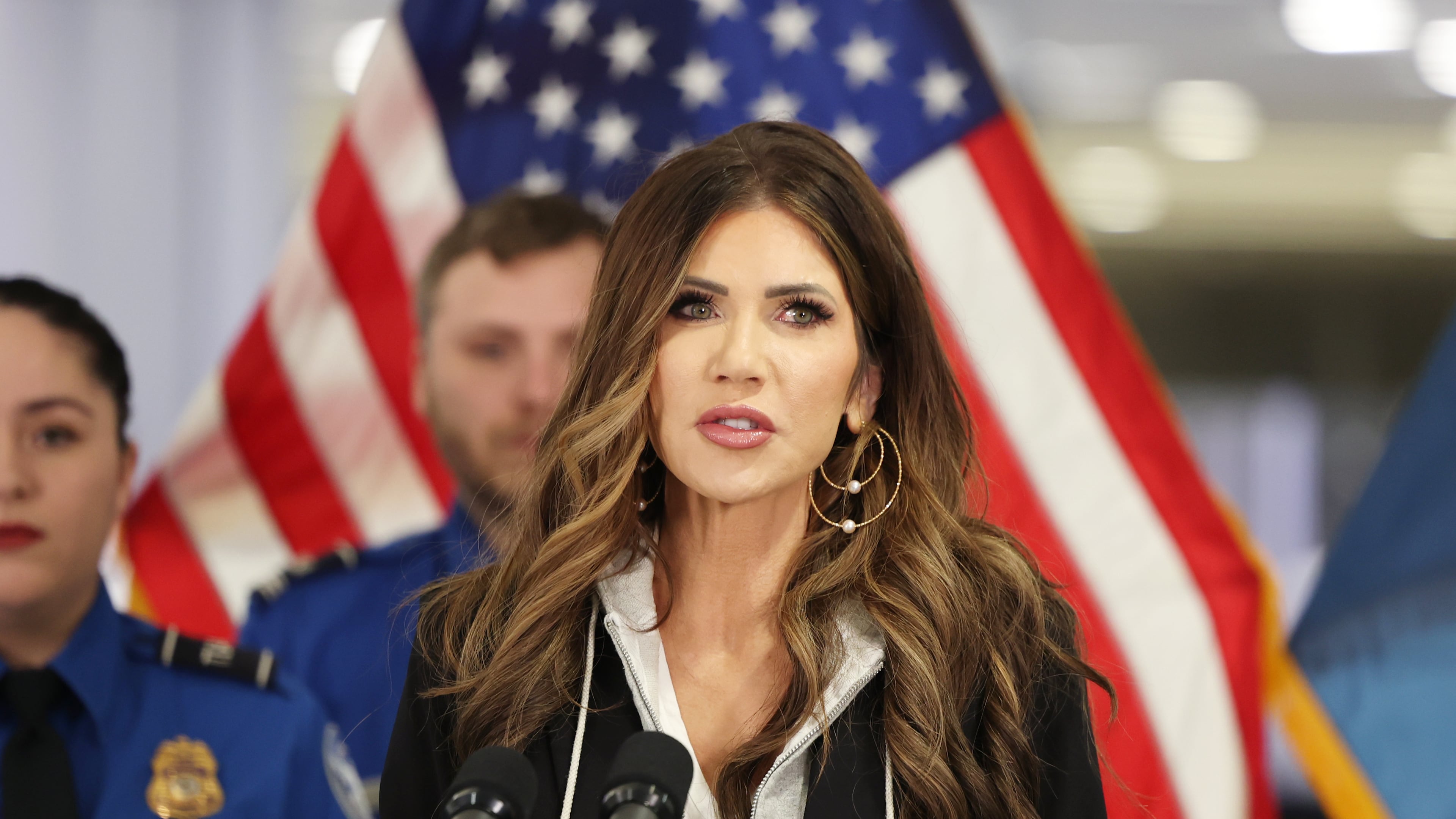 U.S. Homeland Security Secretary Kristi Noem speaks at a news conference at Harry Reid International Airport, Saturday, Nov. 22, 2025, in Las Vegas. (AP Photo/Ronda Churchill)