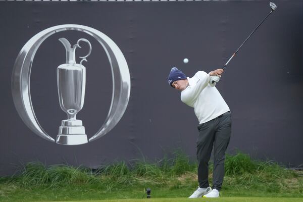 Matt Fitzpatrick of England plays off the 1st hole during the first round of the British Open golf championship at the Royal Portrush Golf Club, Northern Ireland, Thursday, July 17, 2025. (AP Photo/Jon Super)
