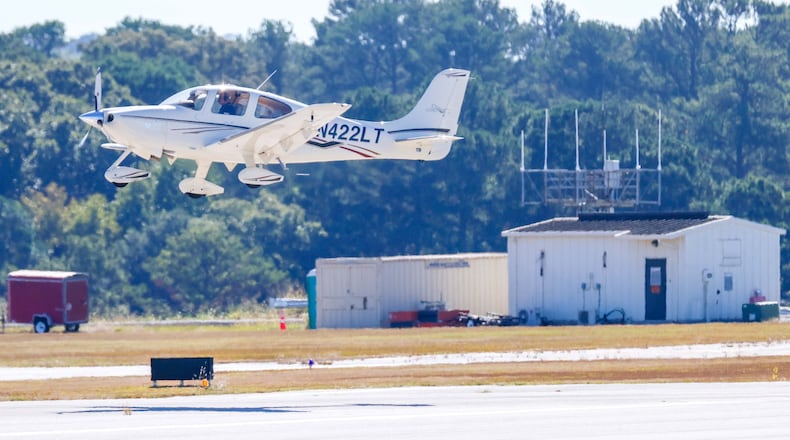 An airplane carrying about 350 pounds of essential items takes off from the DeKalb-Peachtree Airport and heads to Statesboro on Thursday, October 17, 2024. Angel Flight Soars, a nonprofit organization, typically transports patients to various destinations and utilizes its expertise to transport supplies to disaster zones.
(Miguel Martinez / AJC)