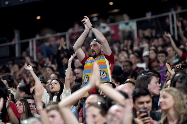 Atlanta United fans cheer during the second half in Atlanta United's home opener at Mercedes-Benz Stadium, Saturday, March 7, 2026, in Atlanta. Real Salt Lake won 3-2 over Atlanta United. (Hyosub Shin/AJC)