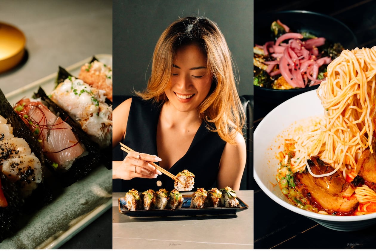 From left: A variety of sushi hand rolls at NoriFish; A woman lifts a piece of a sushi roll with chopsticks with a glass of wine next to her; and A pair of chopsticks lifts a large serving of noodles out of a bowl filled with meat and broth.