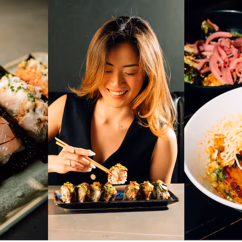 From left: A variety of sushi hand rolls at NoriFish; A woman lifts a piece of a sushi roll with chopsticks with a glass of wine next to her; and A pair of chopsticks lifts a large serving of noodles out of a bowl filled with meat and broth.