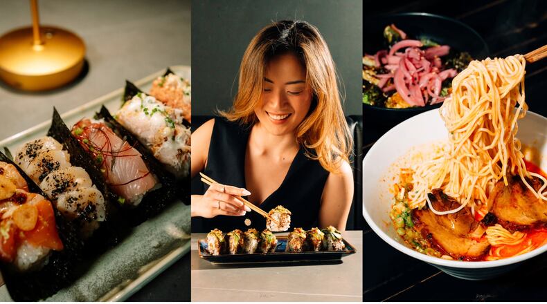 From left: A variety of sushi hand rolls at NoriFish; A woman lifts a piece of a sushi roll with chopsticks with a glass of wine next to her; and A pair of chopsticks lifts a large serving of noodles out of a bowl filled with meat and broth.