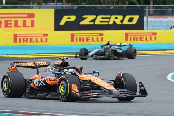 McLaren driver Lando Norris of Britain makes a turn during the Formula One Miami Grand Prix auto race Sunday, May 4, 2025, in Miami Gardens. Fla. (AP Photo/Marta Lavandier)
