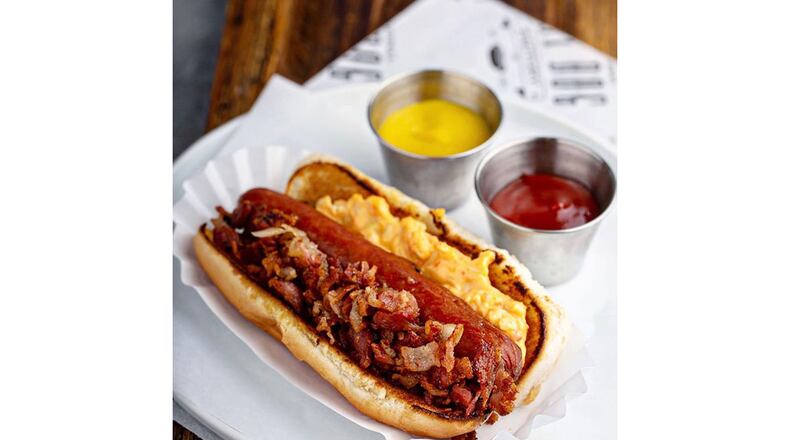 A hot dog from the Original Hot Dog Factory.