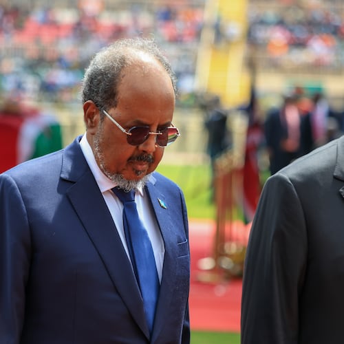 FILE -Somalia's President Hassan Sheikh Mohamud pays his respects at a state funeral for former Kenya Prime Minister Raila Odinga at Nyayo National Stadium in Nairobi, Kenya, Oct. 17, 2025. (AP Photo/Andrew Kasuku, File)