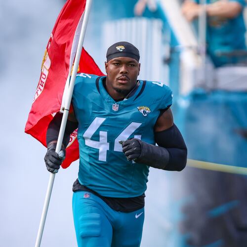 Jacksonville Jaguars defensive end Travon Walker (44) runs onto the field for an NFL football game against the Los Angeles Chargers, Sunday, Nov. 16, 2025, in Jacksonville, Fla. (AP Photo/Gary McCullough)